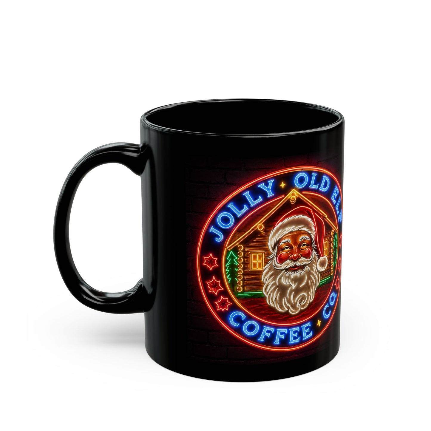 Neon Santa Coffee Mug – 'Jolly Old Elf Coffee Co.' Black Ceramic Mug (11oz & 15oz)
