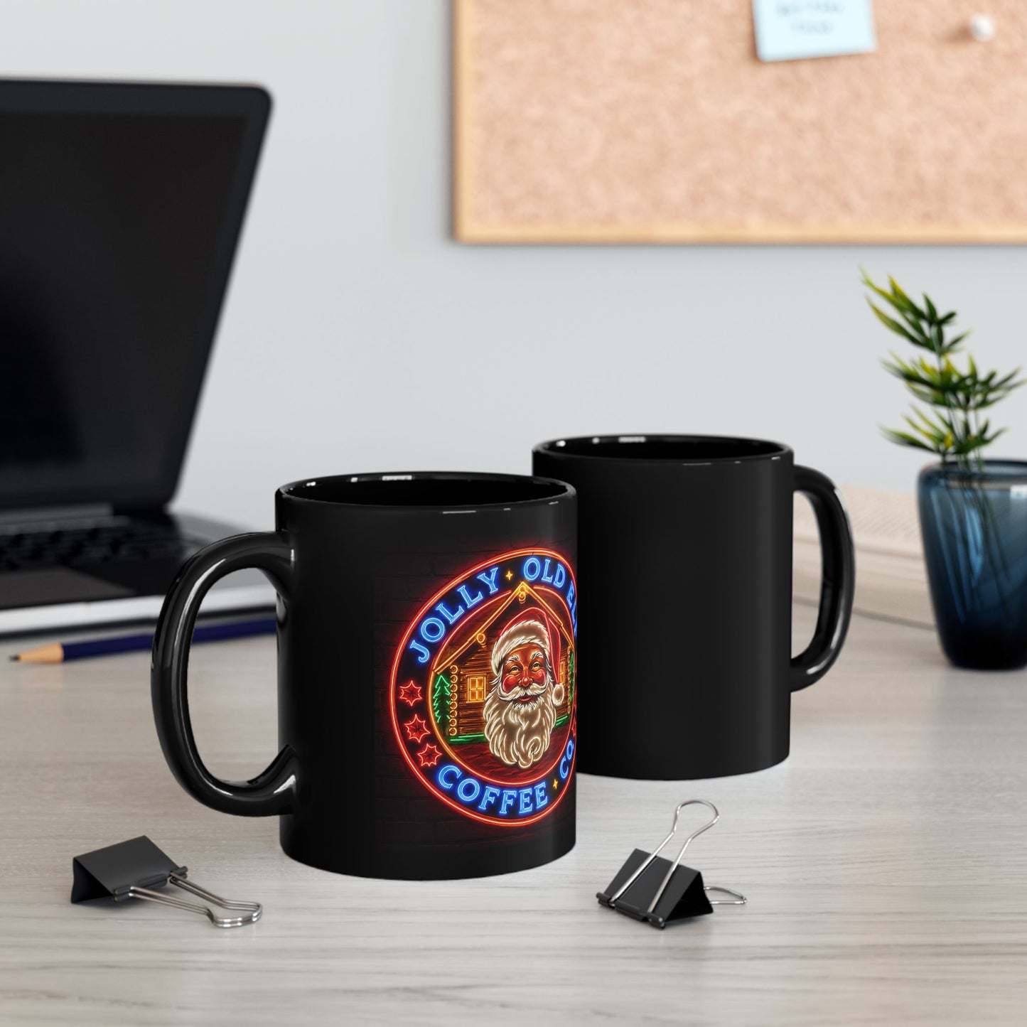 Neon Santa Coffee Mug – 'Jolly Old Elf Coffee Co.' Black Ceramic Mug (11oz & 15oz)